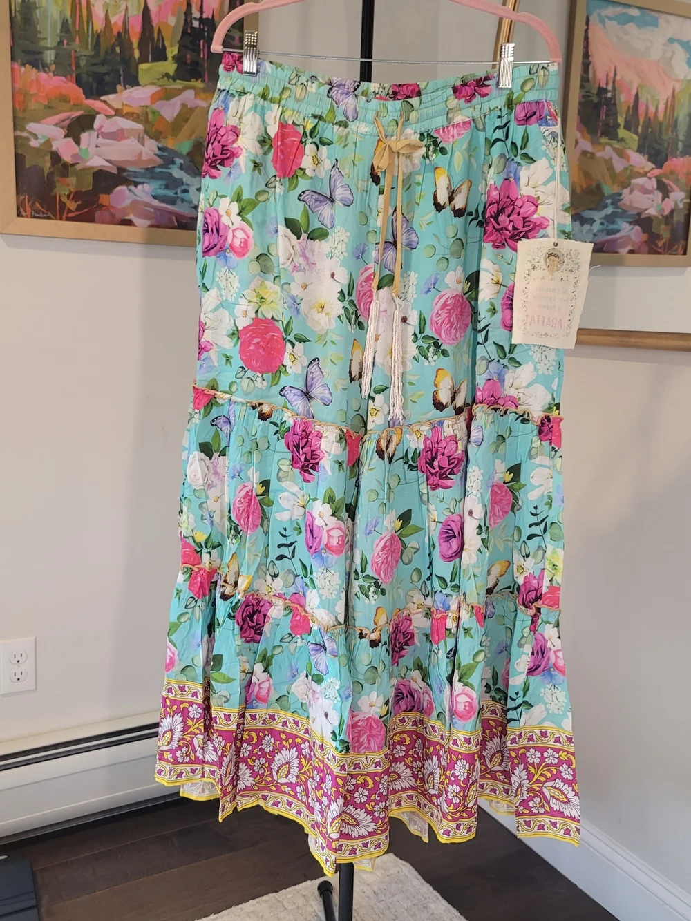 NWT ARATTA Serenity Springs Flare Pants Teal Floral Boho Vibrant Women's Size L - Picture 2 of 15